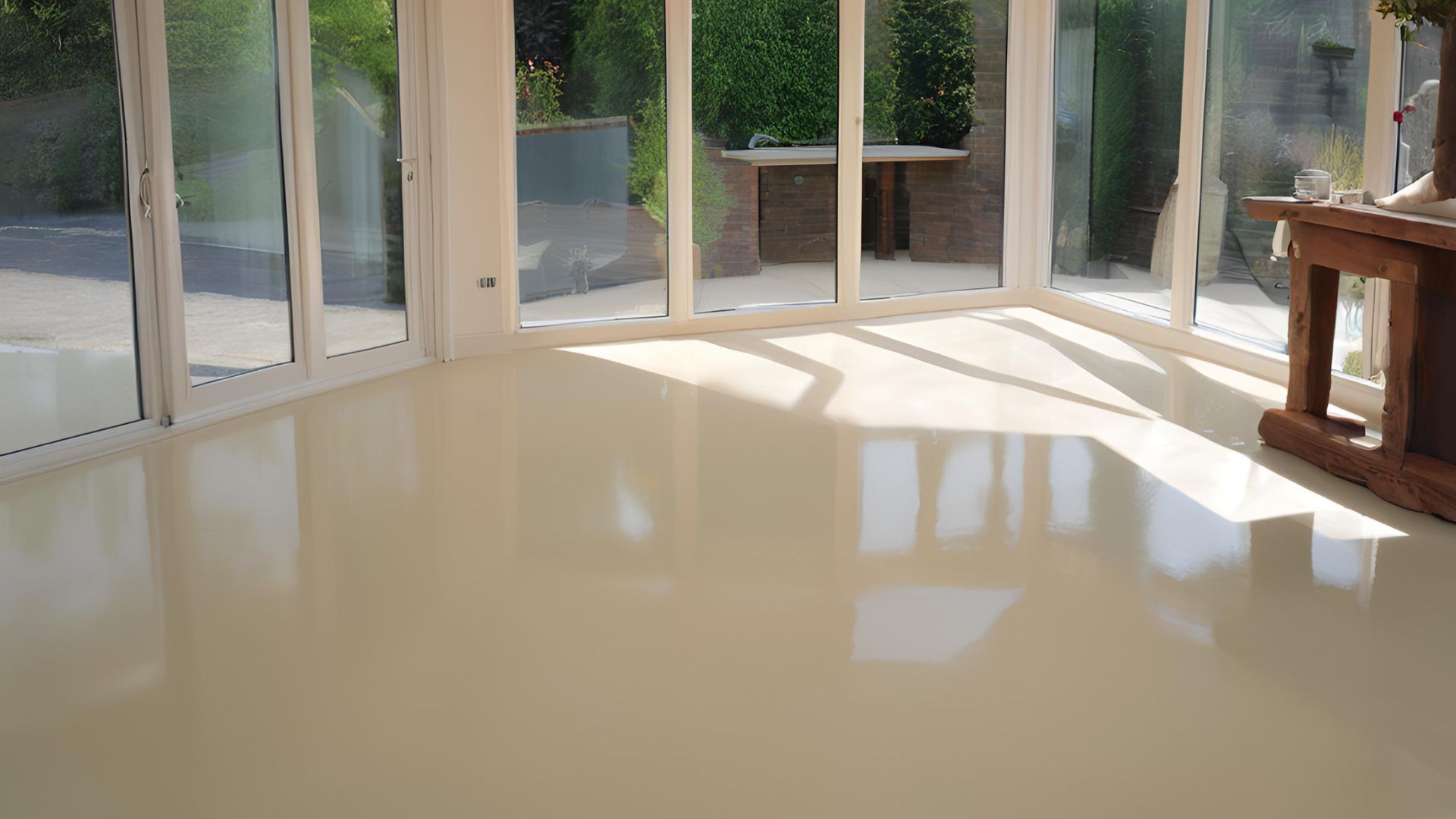 a polished concrete floor for a conservatory with a cream coloured finish